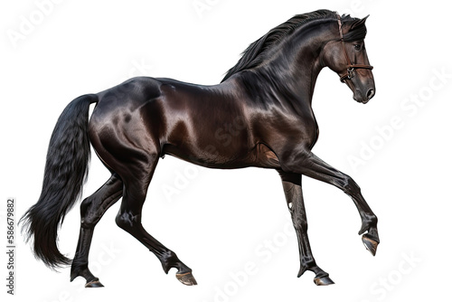 an isolated dark brown and black horse running, jumping, side view portrait, equestrian-themed photorealistic illustration on a transparent background cutout in PNG, Generative AI