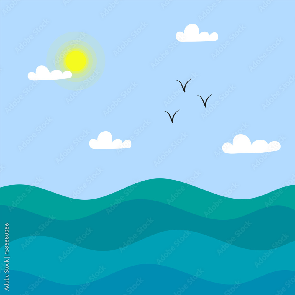 cartoon waves sun birds. Summer vacation. Travel background. Vector illustration. cartoon waves sun birds. Summer vacation. Travel background. Vector illustration.