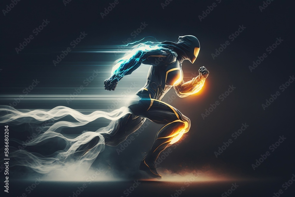 Fototapeta premium Trailblazing Tech: Cyborg's Rapid Run with Vortices. Generative ai