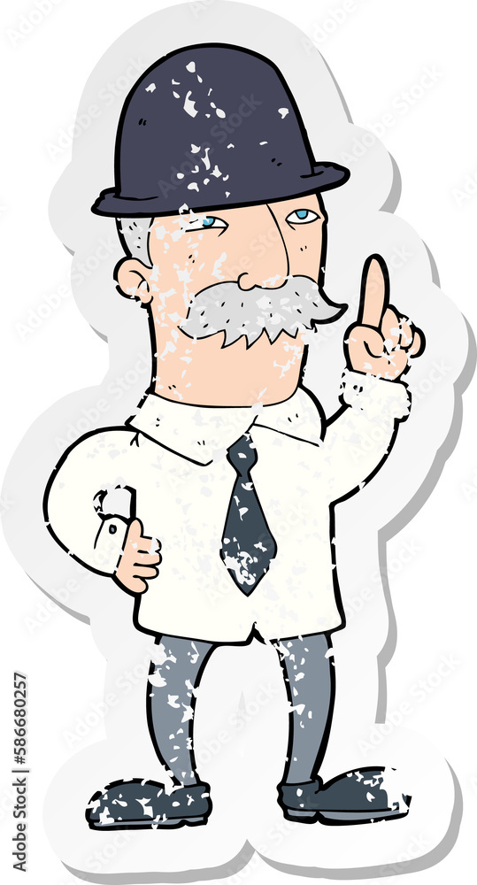 retro distressed sticker of a cartoon man in bowler hat retro distressed sticker of a cartoon man in bowler hat