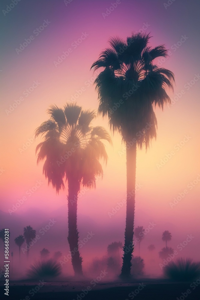 Evening Elegance: Sunset Palms and Foggy Glow..Ai generative