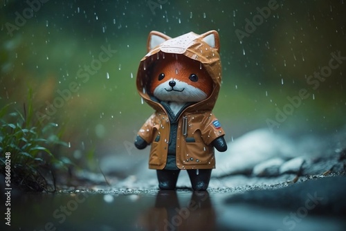 Cozy in the Rain: Fox in Raincoat Amidst the Trees. Ai generative