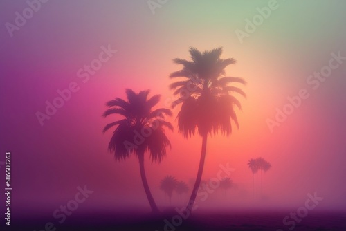Mystical Twilight: Fog-Enshrouded Palms at Dusk. Ai generative © Andrii