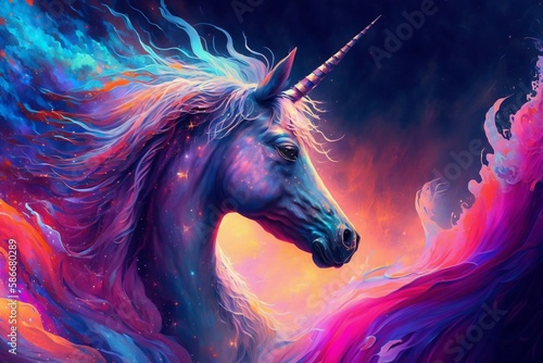 Mythical Marvel: Colored Unicorn in Oils. Ai generative