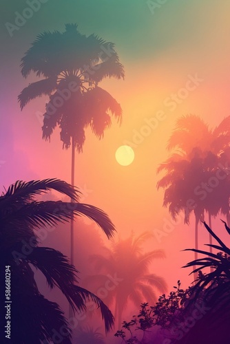 Tropical Twilight  Sunset Palms in Misty Hues. Ai generative