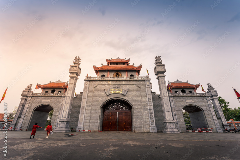Main gate of Hung King Temple, Phu Tho Province, Vietnam. Text on gate in English meaning Hung King temple.