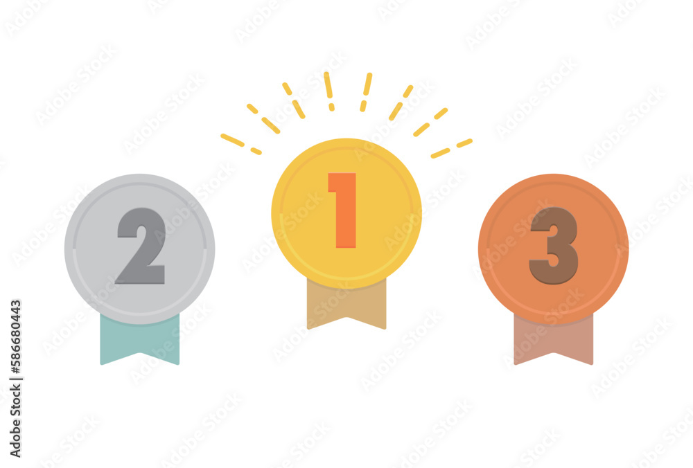 1･2･3の数字の刻印が入った金銀銅のリボン付きのメダル･バッジ･エンブレムの素材
