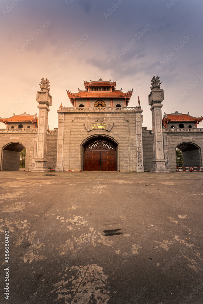 Main gate of Hung King Temple, Phu Tho Province, Vietnam. Text on gate in English meaning Hung King temple.