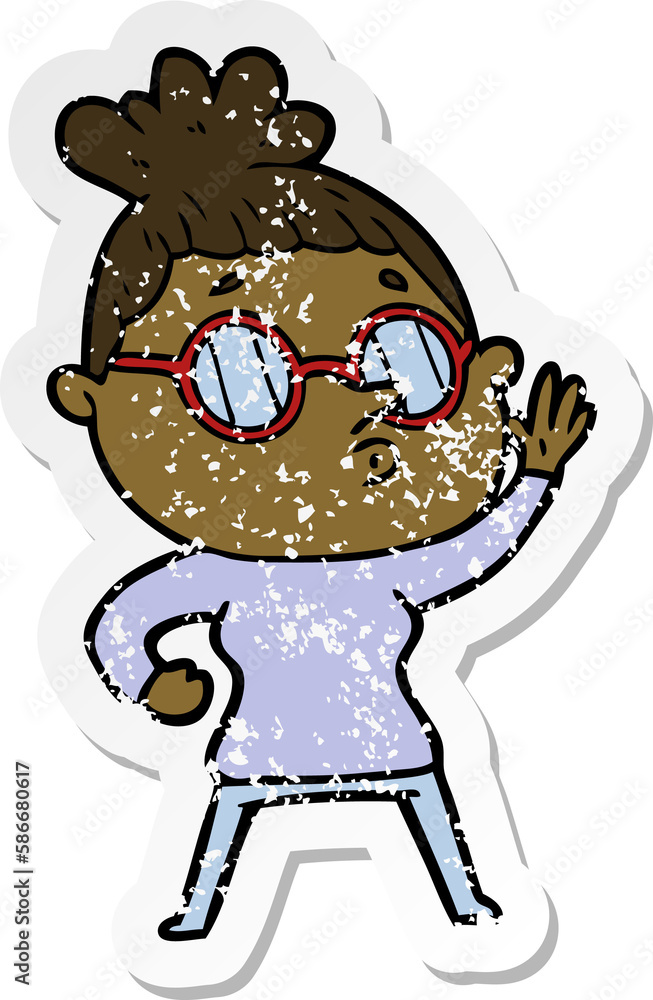 distressed sticker of a cartoon woman wearing glasses distressed sticker of a cartoon woman wearing glasses