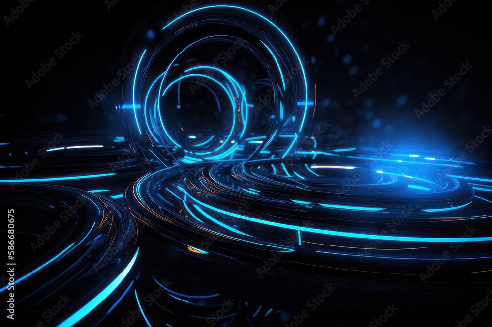 Abstract background. Neon blue circles on a dark background. AI generative.