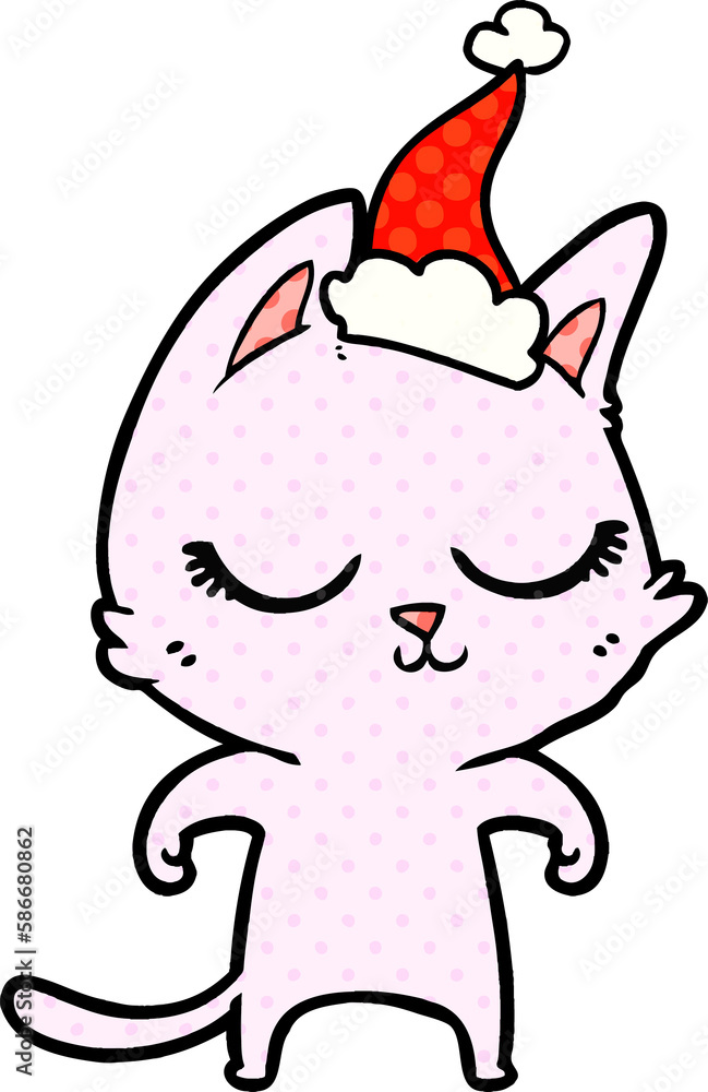 calm comic book style illustration of a cat wearing santa hat calm comic book style illustration of a cat wearing santa hat