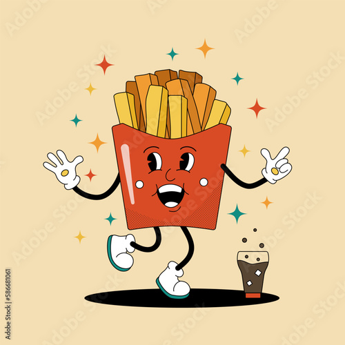 Comic flat French fries with face on decorated background. Vector cartoon illustration in groovy retro style with fried potato. Image of tasty character in red pack with smile for template or design