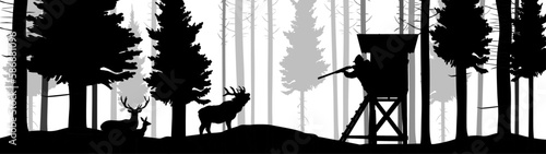 Wildlife forest landscape hunt hunting adventure hobby background banner illustration vector for logo - Black silhouette of hunter perch stand, deer family and trees, isolated on white background.