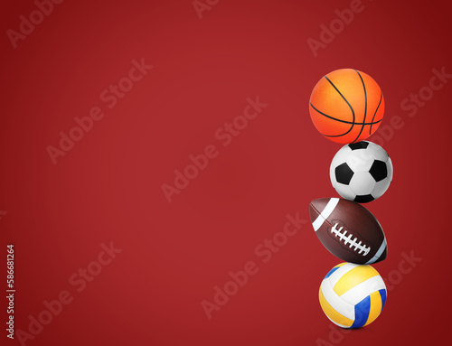 Fototapeta Naklejka Na Ścianę i Meble -  Stack of different sport balls on red background, space for text