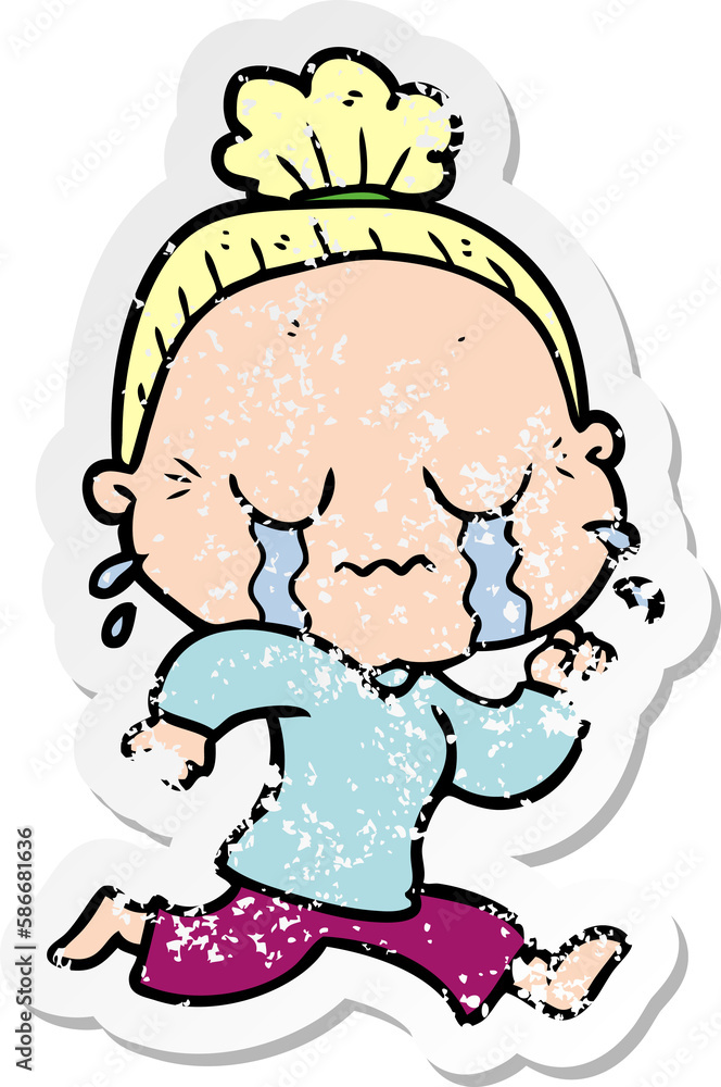 distressed sticker of a cartoon crying old lady distressed sticker of a cartoon crying old lady