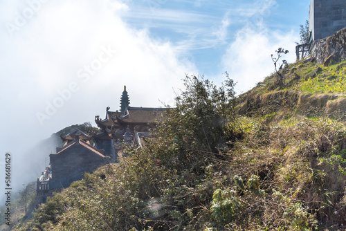 Beautiful view from Fansipan mountain with a Buddhistic temple. Sa Pa, Lao Cai Province, Vietnam.