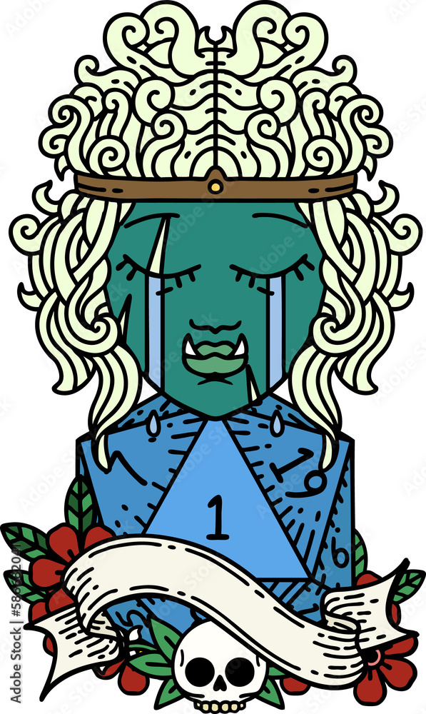 crying orc barbarian character face with natural one D20 roll illustration crying orc barbarian character face with natural one D20 roll illustration