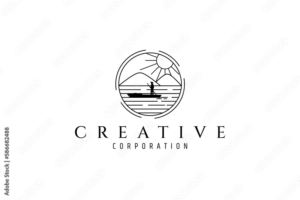 logo of people pedaling canoes with beautiful mountain and lake natural scenery background in circle frame logo of people pedaling canoes with beautiful mountain and lake natural scenery background in circle frame