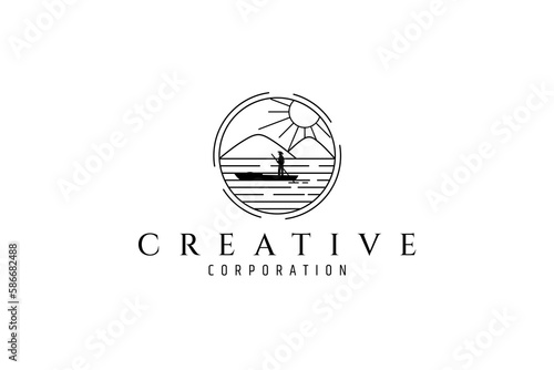 logo of people pedaling canoes with beautiful mountain and lake natural scenery background in circle frame