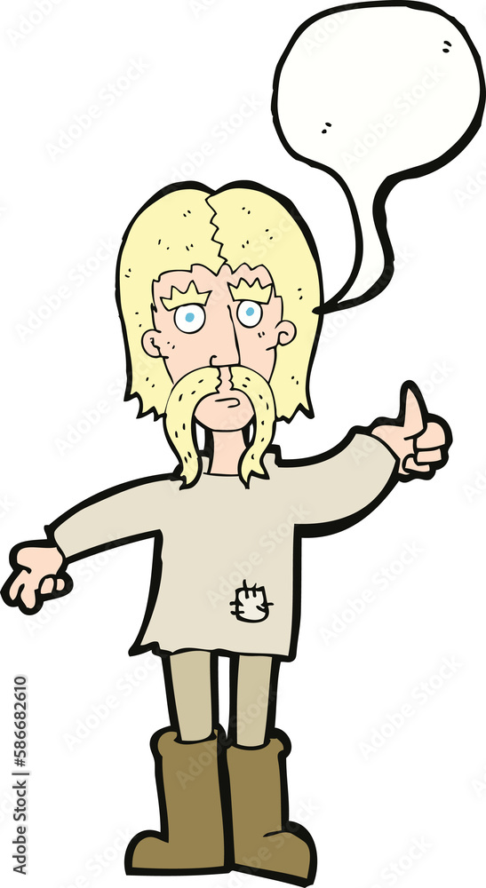 cartoon hippie man giving thumbs up symbol with speech bubble