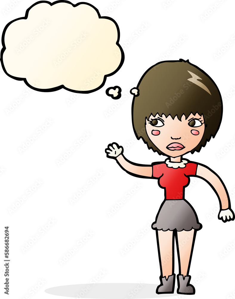 cartoon waving woman with thought bubble cartoon waving woman with thought bubble