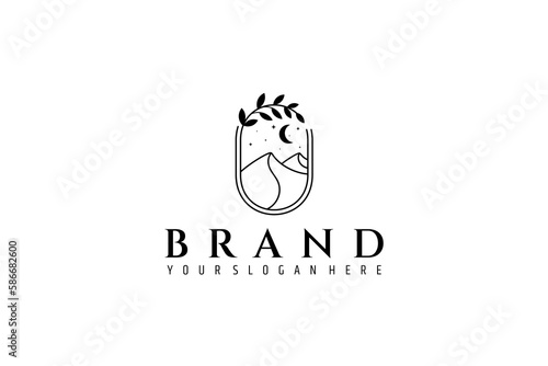 desert savanna logo at night illuminated by moonlight and stars in frame with leaf decoration