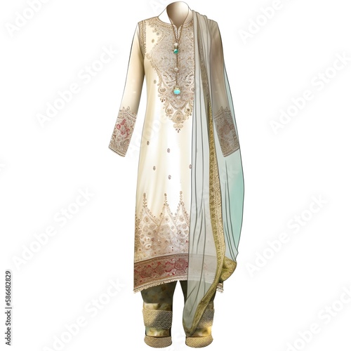 Digital art of a tradional Salwar Kameez, textured, and colourful on white background. Generative AI. photo