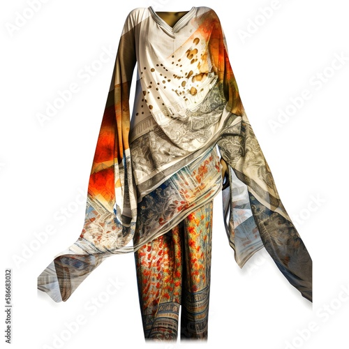 Digital art of a tradional Salwar Kameez, textured, and colourful on white background. Generative AI. photo