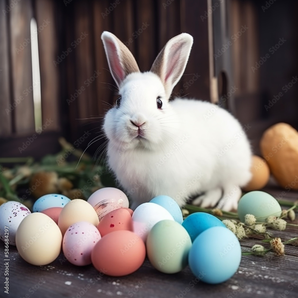 Funny little rabbit and colorful Easter eggs Funny little rabbit and colorful Easter eggs