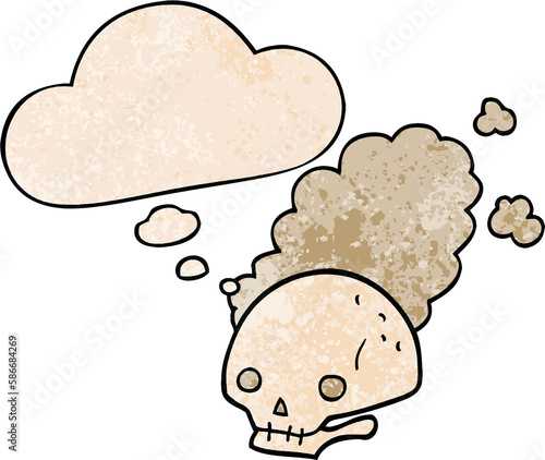 cartoon dusty old skull and thought bubble in grunge texture pattern style