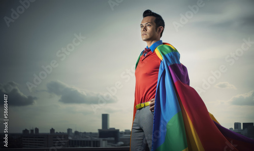 The Colorful Business Hero. A confident superhero wearing a vibrant rainbow cape makes a powerful impact in the business world. Generative AI
