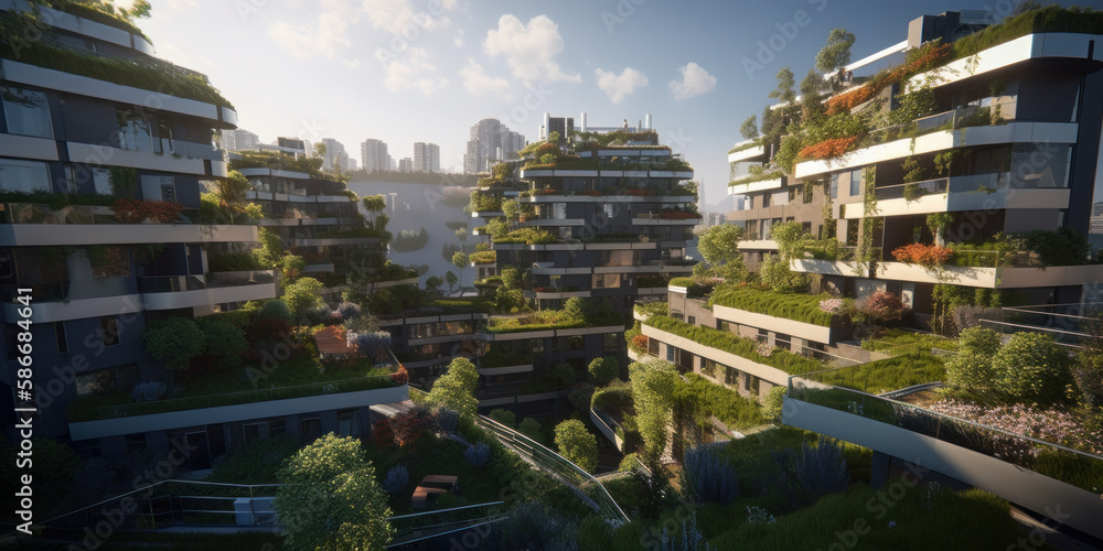 A Sustainable Residential District in Sunlight. Generative AI
