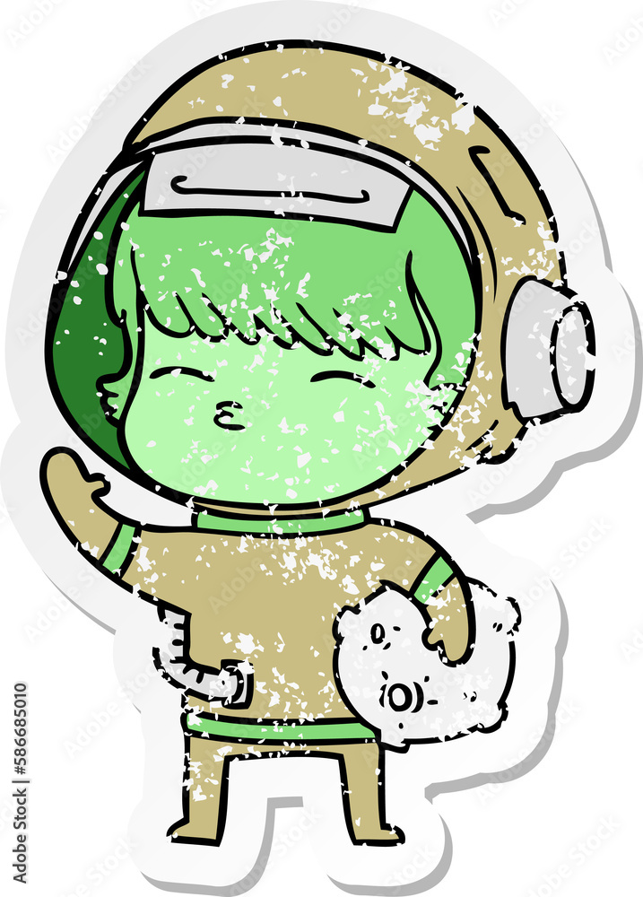Fototapeta premium distressed sticker of a cartoon curious astronaut carrying space rock