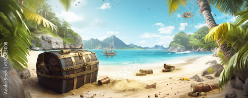 Tropical trees and an island beach with an unlocked pirate chest. Treasure of the Exotic Island. Generative AI