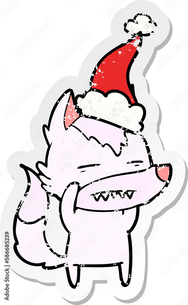 distressed sticker cartoon of a wolf showing teeth wearing santa hat distressed sticker cartoon of a wolf showing teeth wearing santa hat