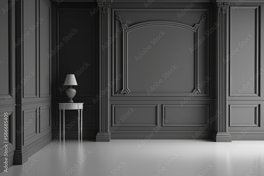 Classic interior with black walls, moldings and a floor lamp Classic interior with black walls, moldings and a floor lamp
