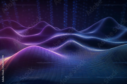3D Wave Landscape with Interconnected Dots and Data Science Visuals Technology Background. Generative AI.