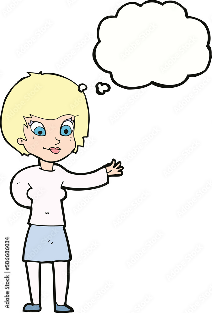 cartoon welcoming woman with thought bubble cartoon welcoming woman with thought bubble