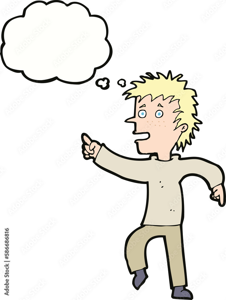 cartoon happy man pointing with thought bubble cartoon happy man pointing with thought bubble