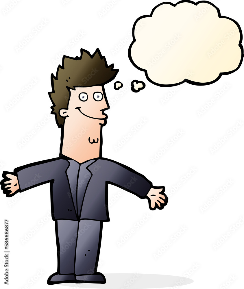 cartoon happy man with open arms with thought bubble cartoon happy man with open arms with thought bubble