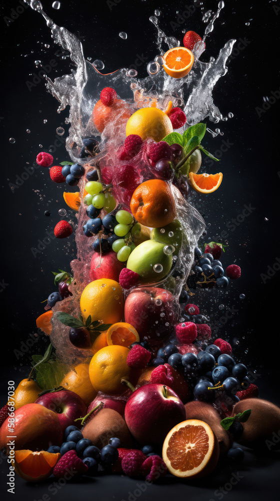 A Captivating Photo of an Airborne Fruit Explosion, Generative AI A Captivating Photo of an Airborne Fruit Explosion, Generative AI