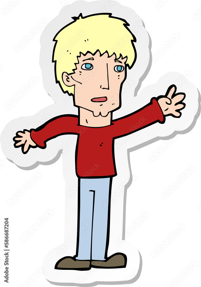 sticker of a cartoon worried man reaching out sticker of a cartoon worried man reaching out