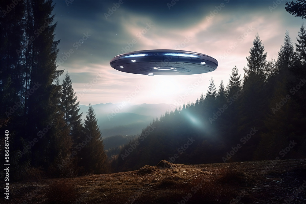 UFO space ship flying above forest