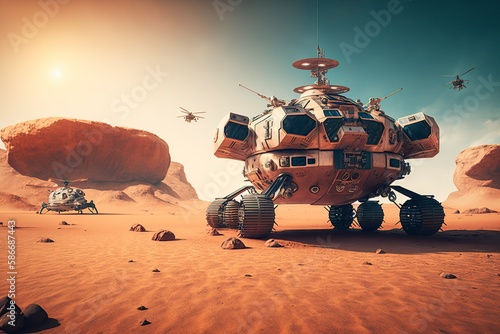 an illustration, helicopter exploring Mars, with remote control, generative ai