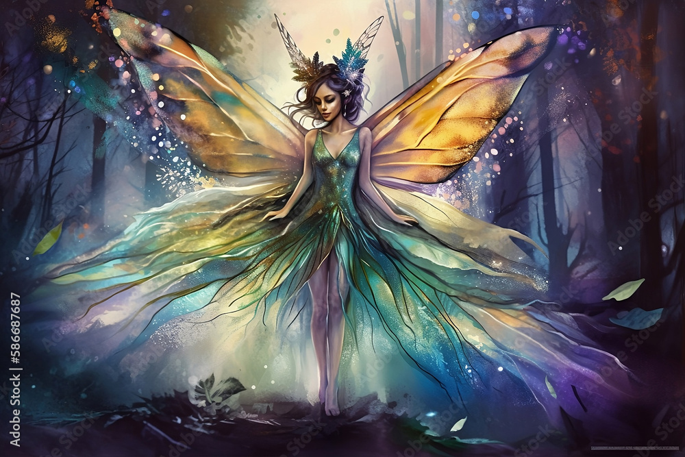 Fototapeta premium colorful fantasy landscape with fairy with giant wings