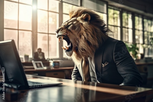  An anthropomorphic lion roaring in his office, A lion businessman who shows his authority in the office, Generative AI