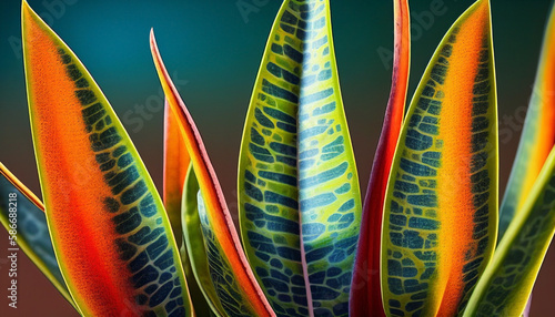 Dracaena trifasciata colorful leaves background. Plant in the family Asparagaceae, endemic to Africa. Lush leaves of an exotic jungle with abundant vegetation. Ai generated.