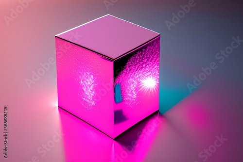 Metallic 3D image of a cube in highly reflective chrome material melting on a pink floor withe thin lines - generative ai