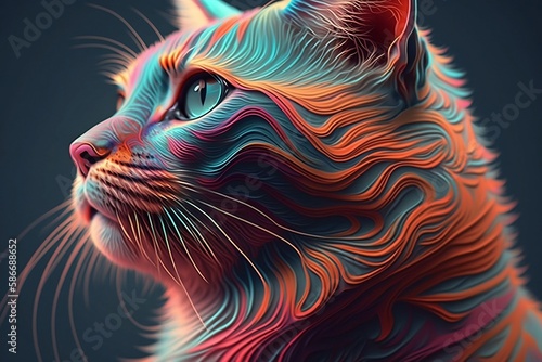 Art portrait of a close-up side view realistic cat with bright paint isolated on clean background. Generative AI