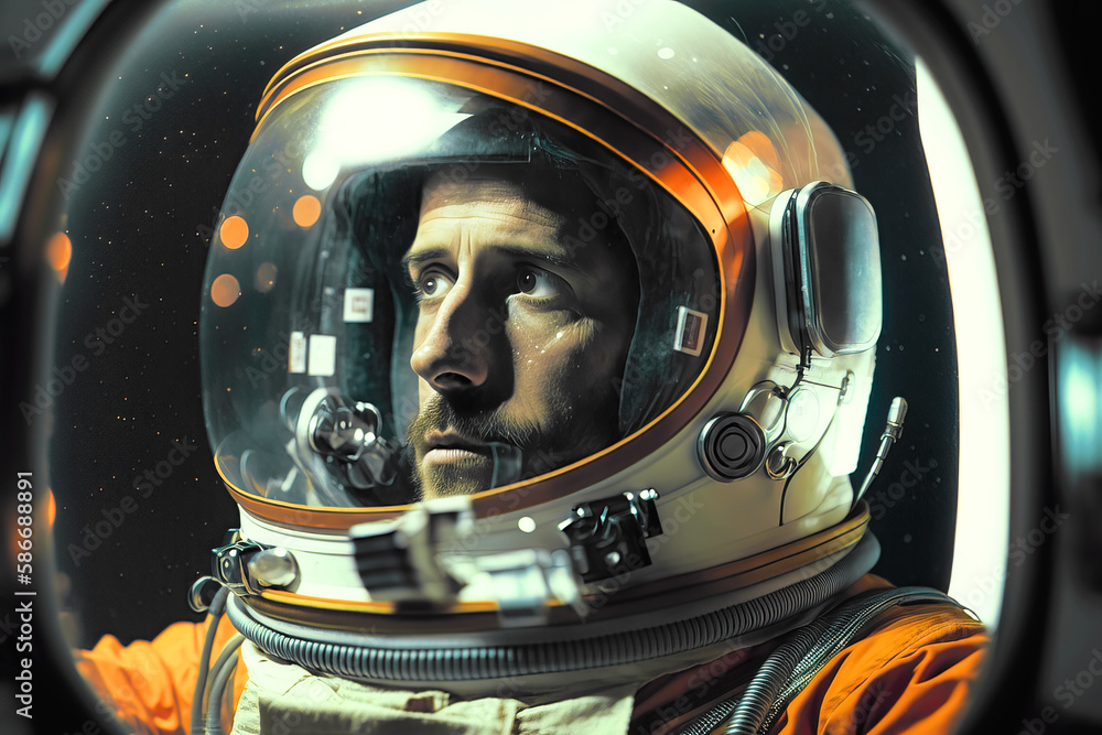 Illustration of a portrait of an astronaut wearing helmet and spacesuit, looking scared at the space, Space Travel, Exploration and Solar System Colonization Concept, Generative AI